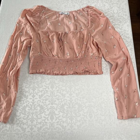 Hollister Tops - Y2K Hollister Shirt Large Pink Floral Cropped Top Blouse Smocked Renaissance